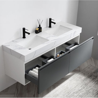 Double Sink Vanities: 60" Wall-Mounted Double Bathroom Vanity Set