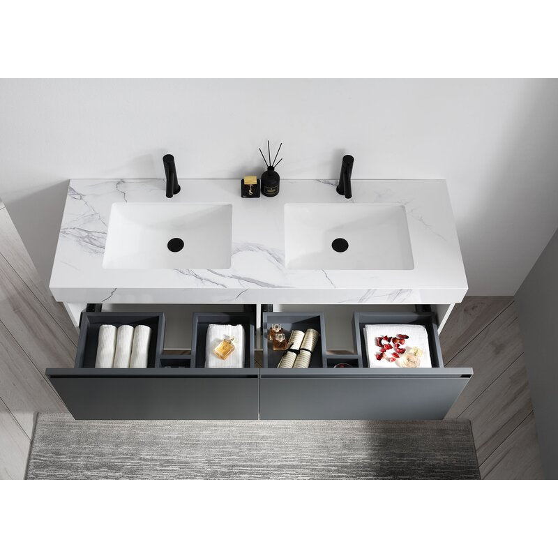 Double Sink Vanities: 60" Wall-Mounted Double Bathroom Vanity Set