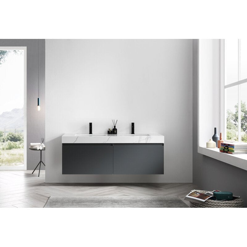 Double Sink Vanities: 60" Wall-Mounted Double Bathroom Vanity Set