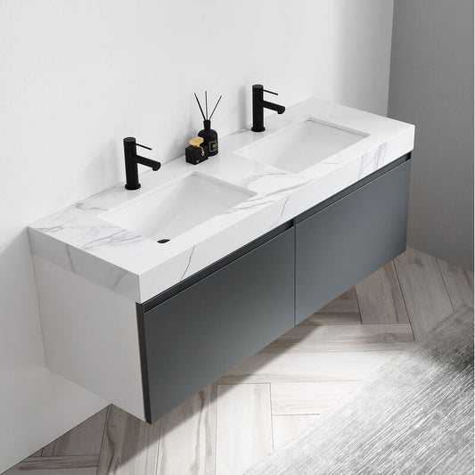 Double Sink Vanities: 60" Wall-Mounted Double Bathroom Vanity Set