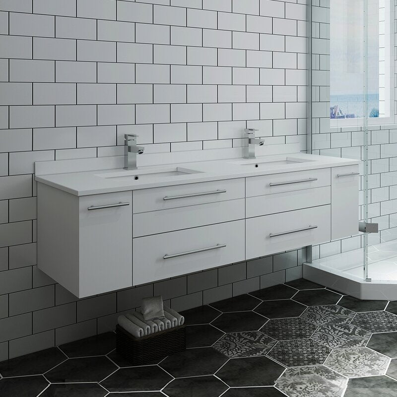 Double Sink Vanities: 60" Wall-Mounted Double Bathroom Vanity Set