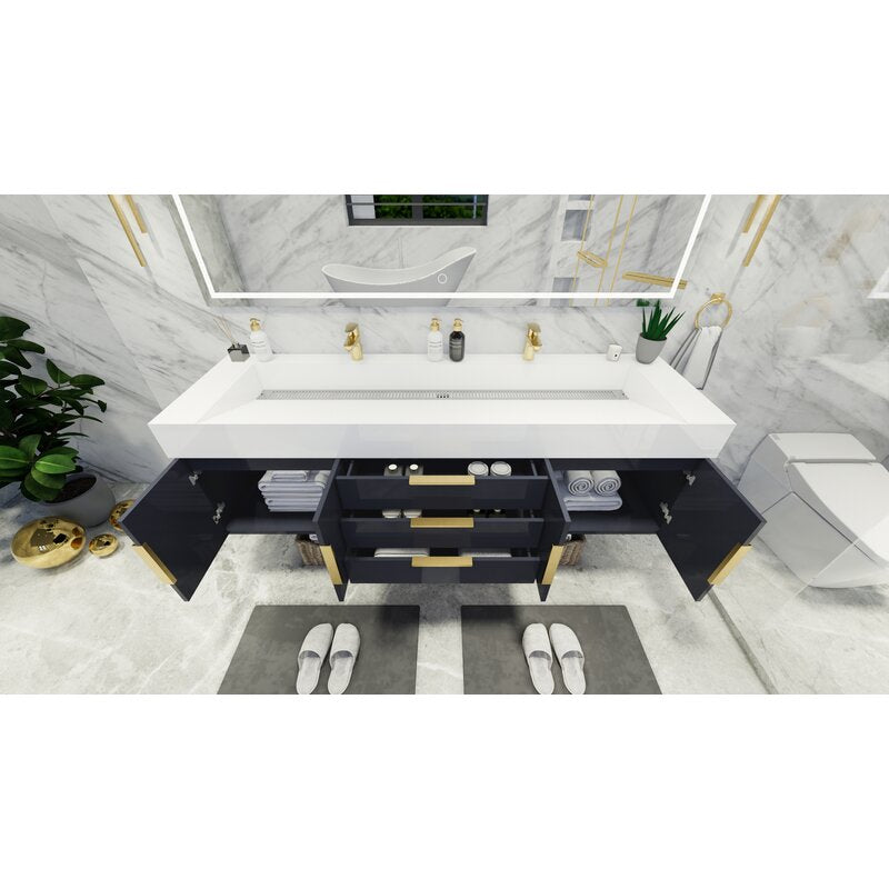 Double Sink Vanities: 72" W Wall-Mounted Double Bathroom Vanity Set
