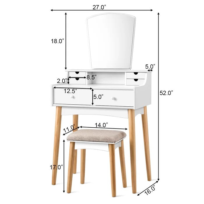 Dressing Table: 27'' Wide Vanity Set with Stool and Mirror