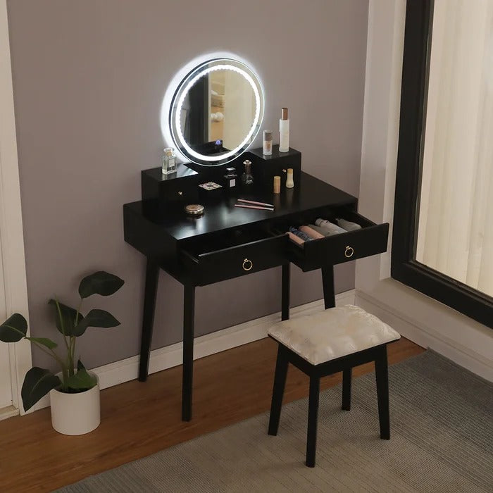Dressing Table: 31.5'' Wide Solid Wood Vanity Set with Stool and Mirror