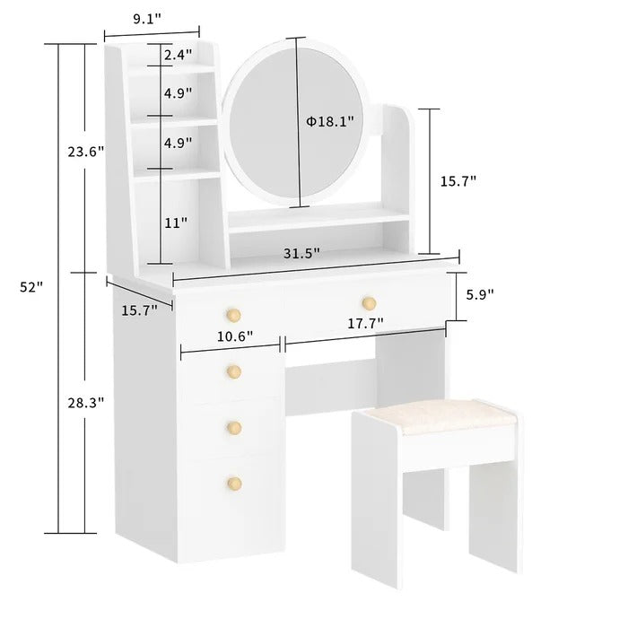 Dressing Table: 31.5'' Wide Vanity Set with Stool and Mirror