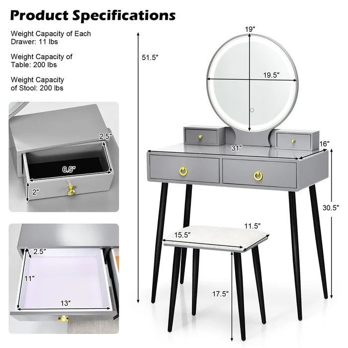Dressing Table: 31'' Wide Vanity Set with Stool and Mirror