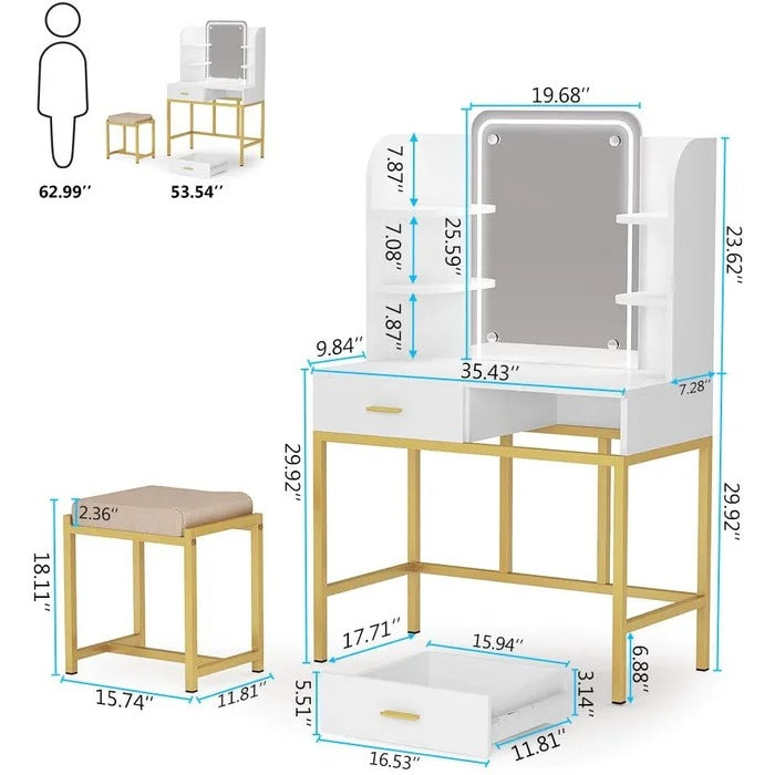 Dressing Table: 35'' Wide Vanity Set with Stool and Mirror