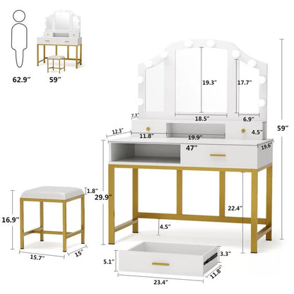 Dressing Table: 47'' Wide White Vanity Set with Stool and Mirror