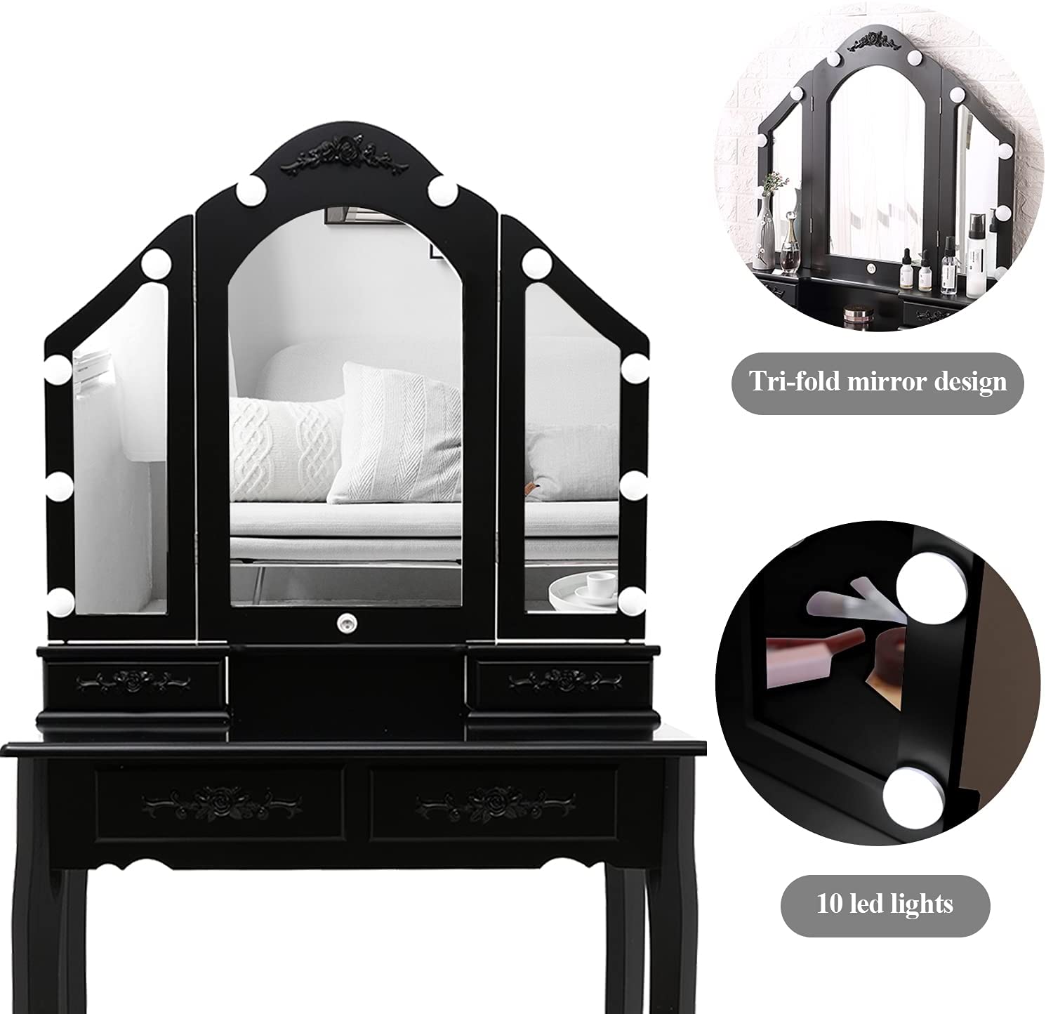 Dressing Table: Black Tri-Folding Lighted Mirror and 10 LED Bulbs