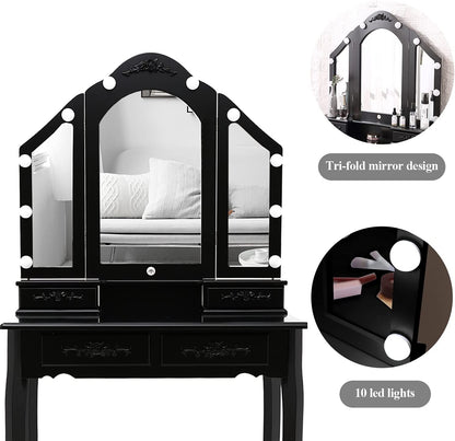 Dressing Table: Black Tri-Folding Lighted Mirror and 10 LED Bulbs