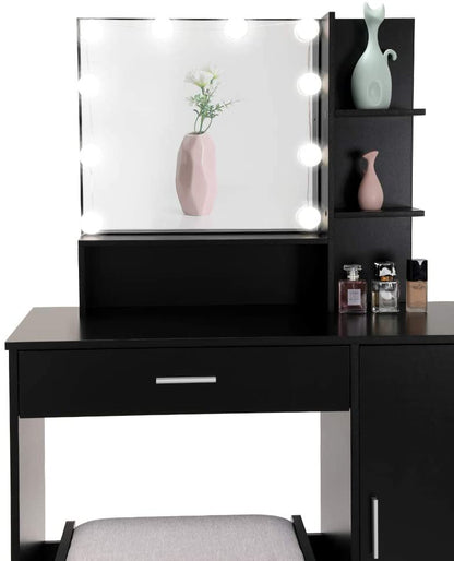 Dressing Table: Black Vanity Table Set with 10 Light Bulbs