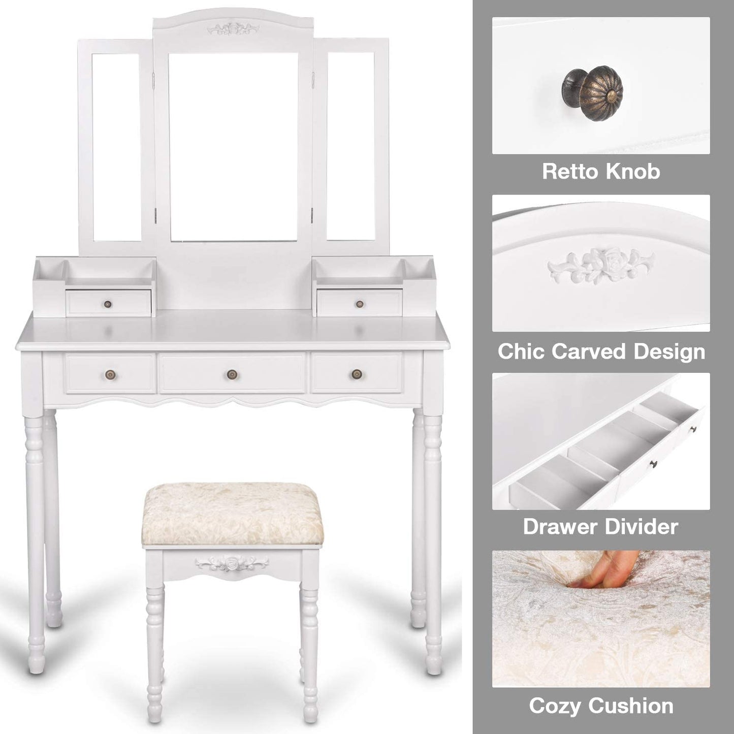 Dressing Table: Black, Brown and White Dressing Table with 5 Drawers