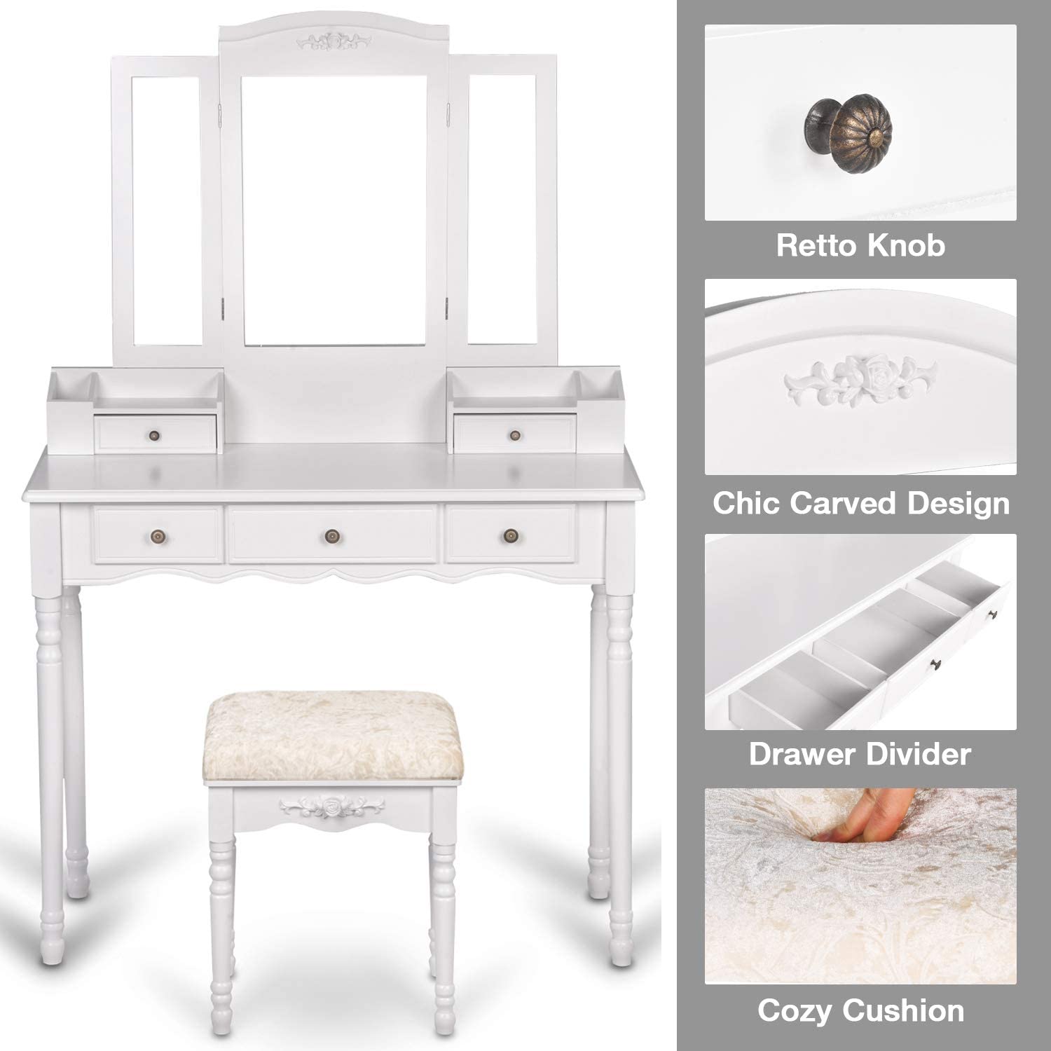 Dressing Table: Black, Brown and White Dressing Table with 5 Drawers