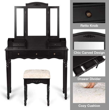 Dressing Table: Black, Brown and White Dressing Table with 5 Drawers