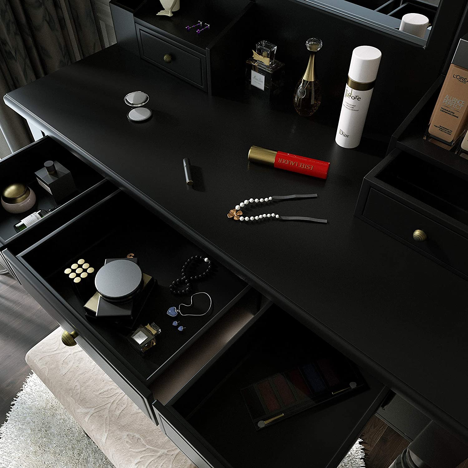 Dressing Table: Black, Brown and White Dressing Table with 5 Drawers