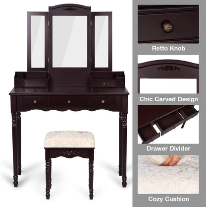 Dressing Table: Black, Brown and White Dressing Table with 5 Drawers