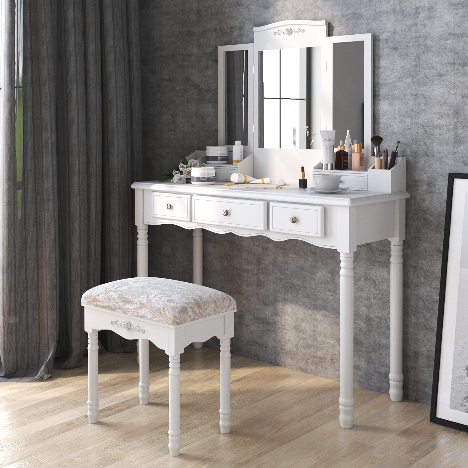 Dressing Table: Black, Brown and White Dressing Table with 5 Drawers