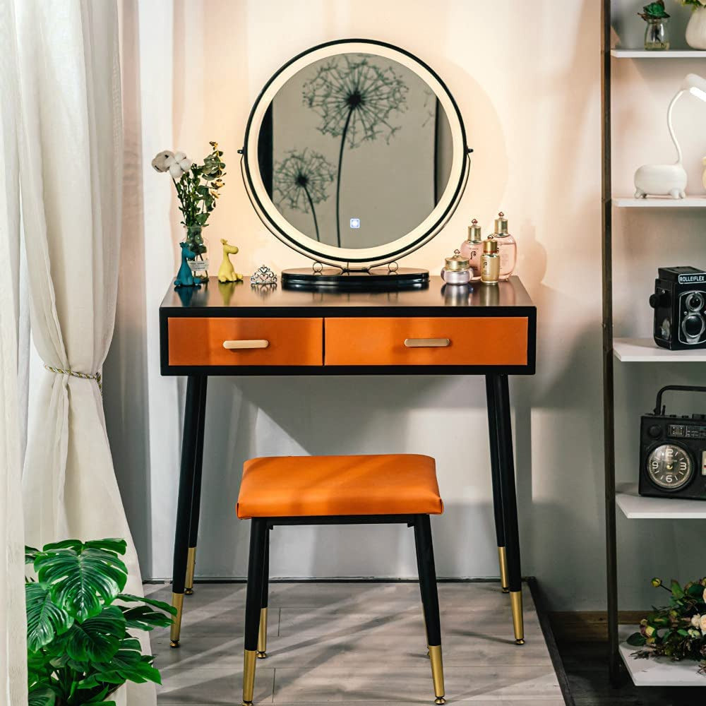 Dressing Table  Cushion Stool Angle Adjustable Mirror Modern Black Orange Dressing Table 