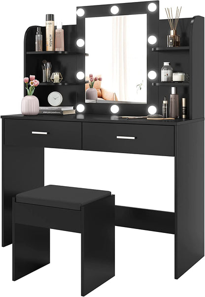 Dressing Table: Desk with 10 Light Bulbs Black Dressing Table