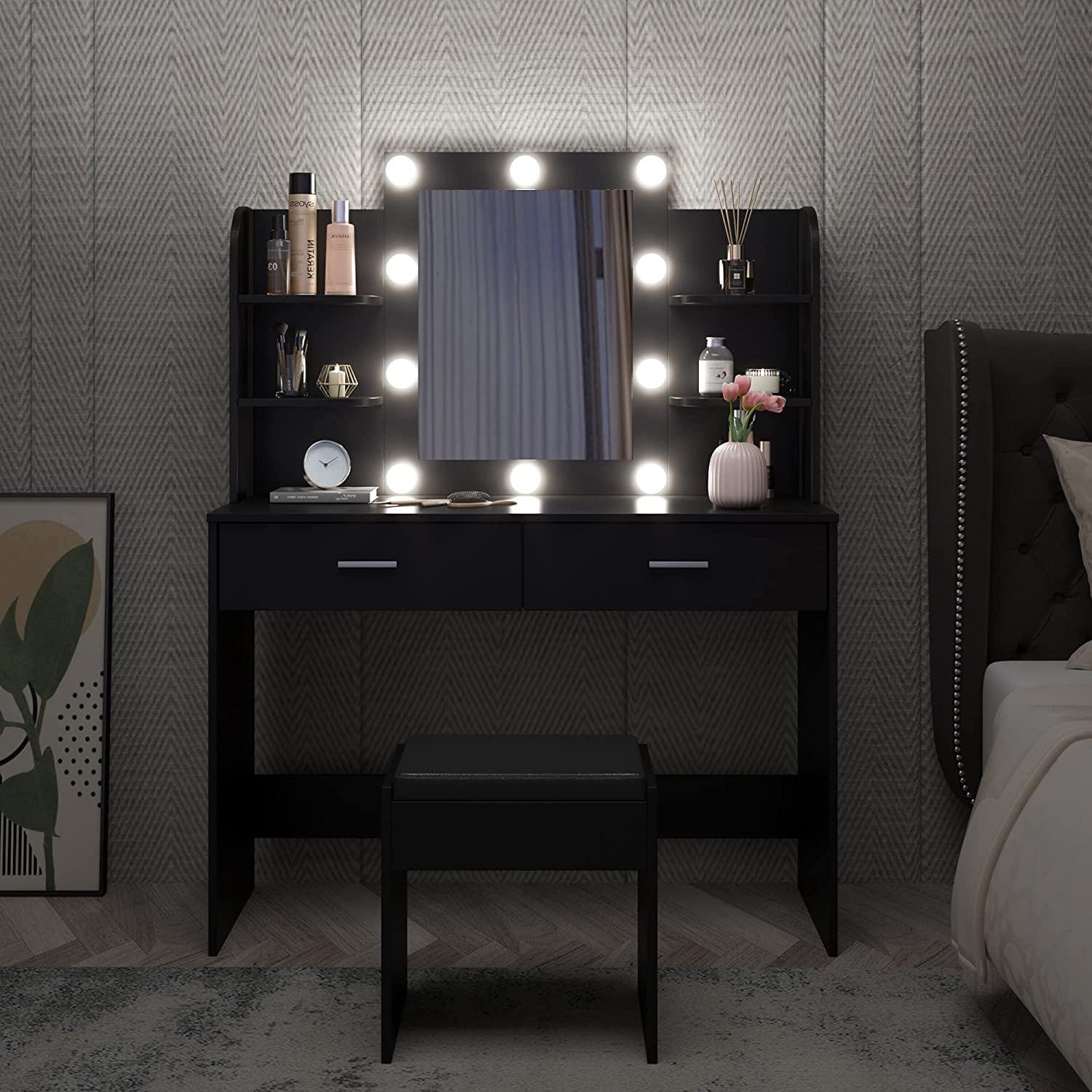 Dressing Table: Desk with 10 Light Bulbs Black Dressing Table