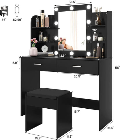 Dressing Table: Desk with 10 Light Bulbs Black Dressing Table