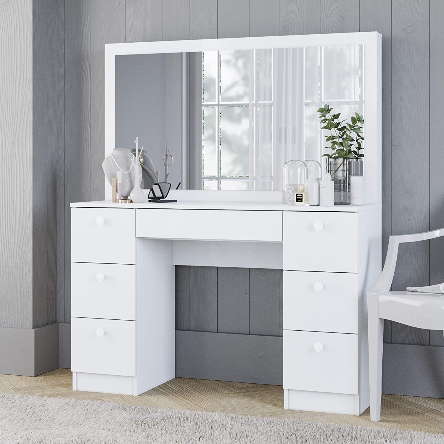 Dressing Table: Full Width Mirror White Dressing Table