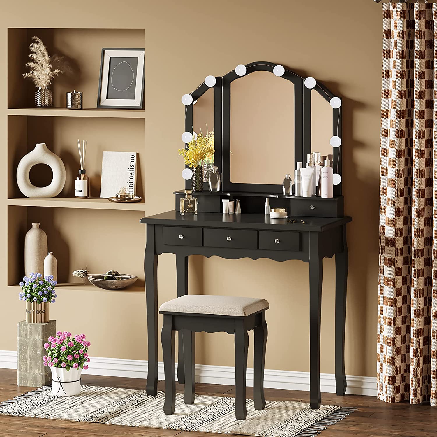 Dressing Table: LED Light Bulbs & 3 Color Lighting Modes Black Dressing Table