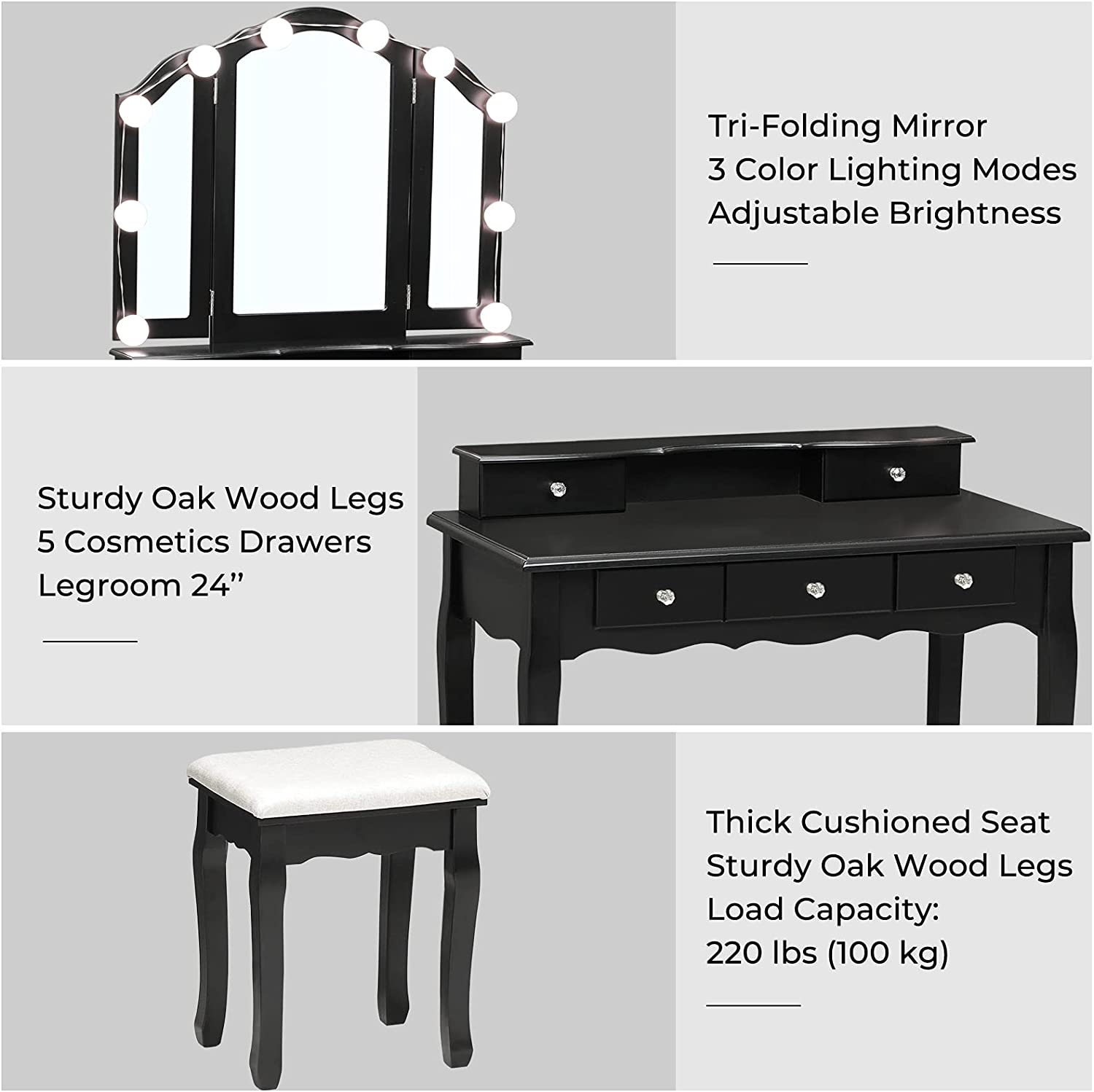 Dressing Table: LED Light Bulbs & 3 Color Lighting Modes Black Dressing Table