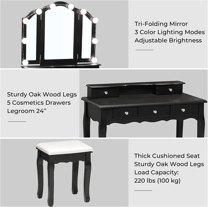 Dressing Table: LED Light Bulbs & 3 Color Lighting Modes Black Dressing Table