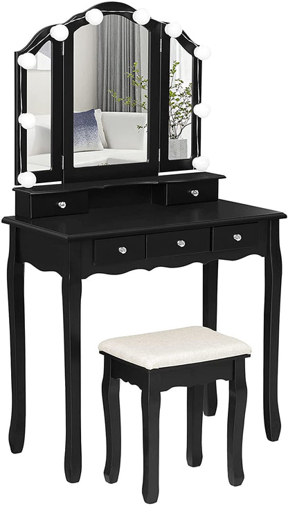 Dressing Table: LED Light Bulbs & 3 Color Lighting Modes Black Dressing Table