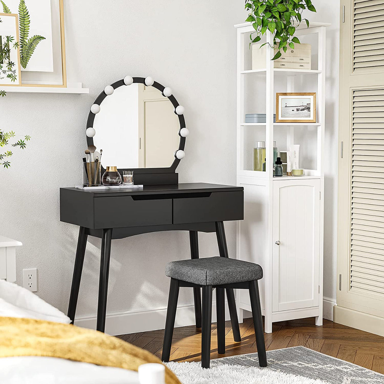 Dressing Table  Makeup Table Desk with Large Round Mirror, 2 Sliding Drawers, 1 Cushioned Stool for Bedroom, Bathroom( Black) 