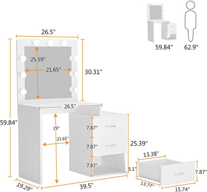 Dressing Table : Makeup Table with 3 Storage Drawers (White)