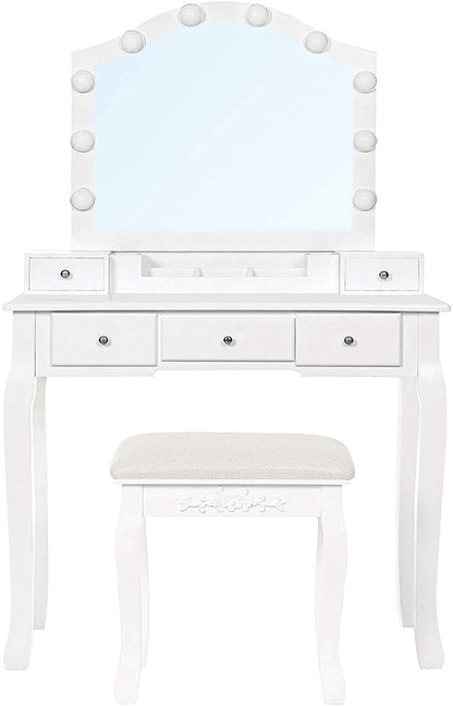 Dressing Table: Mirror, 10 Light Bulbs, 6-Slot Removable Dressing Table