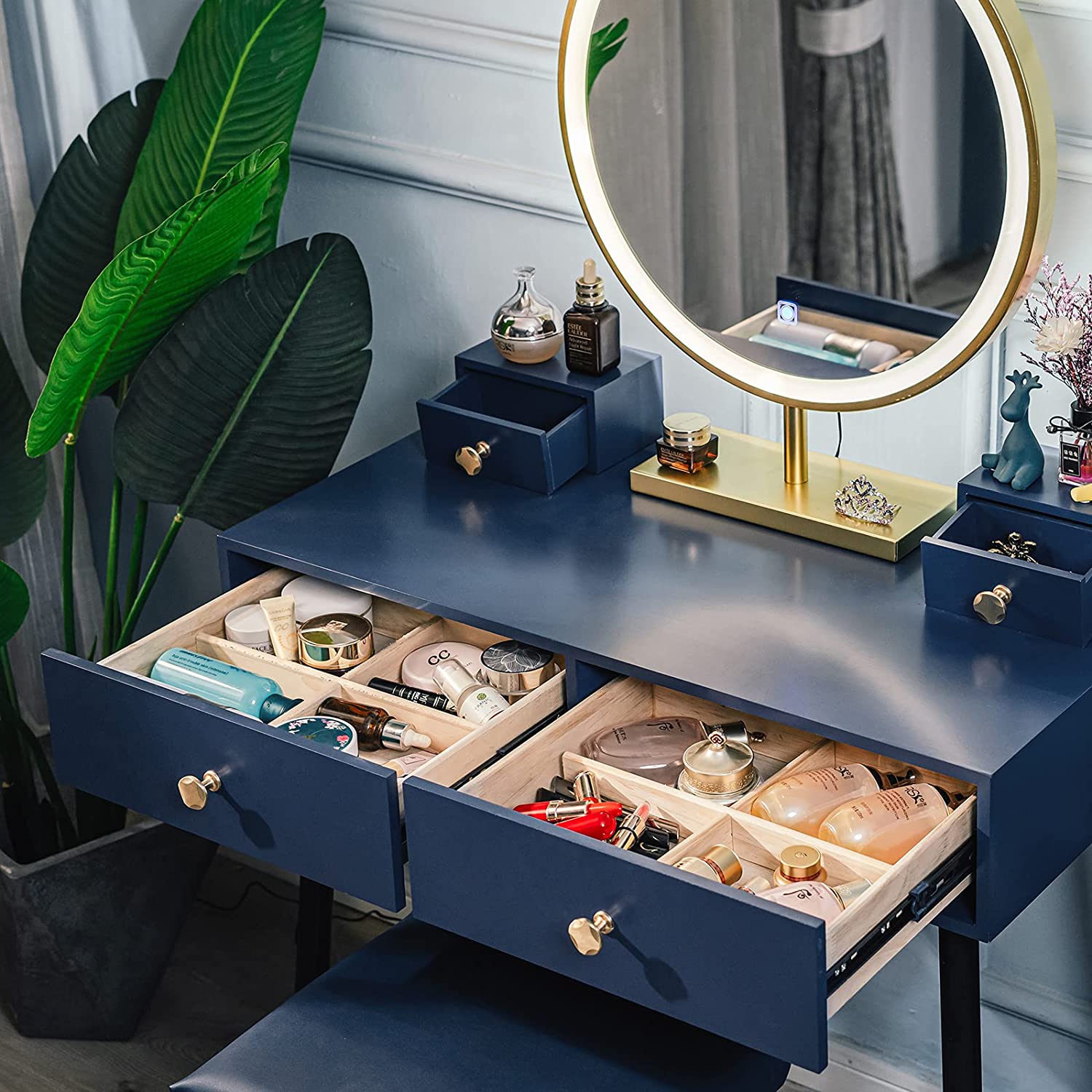 Dressing Table : Modern Blue Dressing Table with 4 Drawer & Cushion St Studio GKW Dressing Table : Modern Blue Dressing Table with 4 Drawer & Cushion St Studio GKW