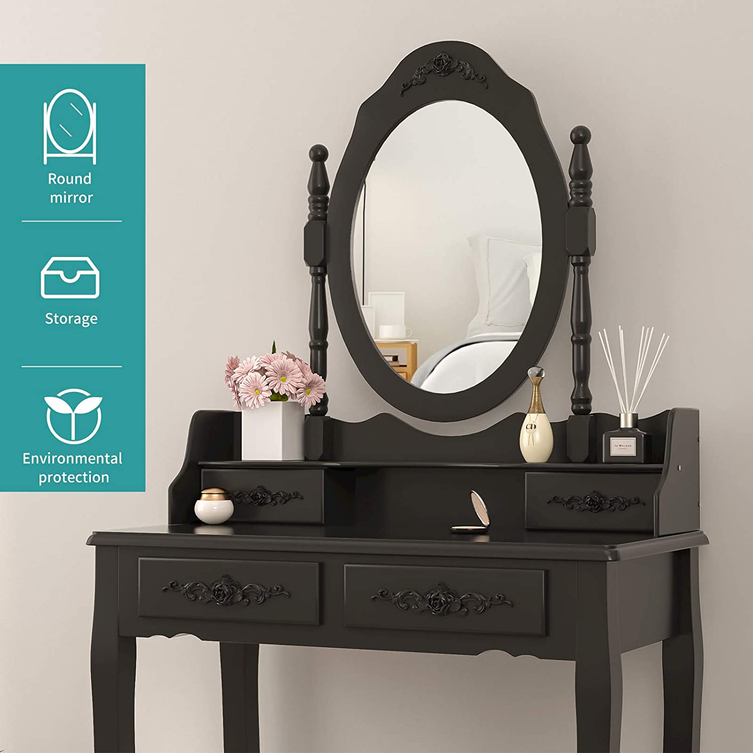 Dressing Table: Oval Mirror & Stool Black, Brown, White Dressing Table
