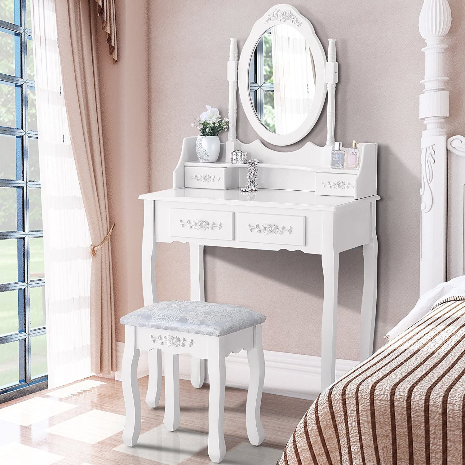 Dressing Table: Oval Mirror & Stool Black, Brown, White Dressing Table