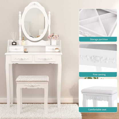 Dressing Table: Oval Mirror & Stool Black, Brown, White Dressing Table