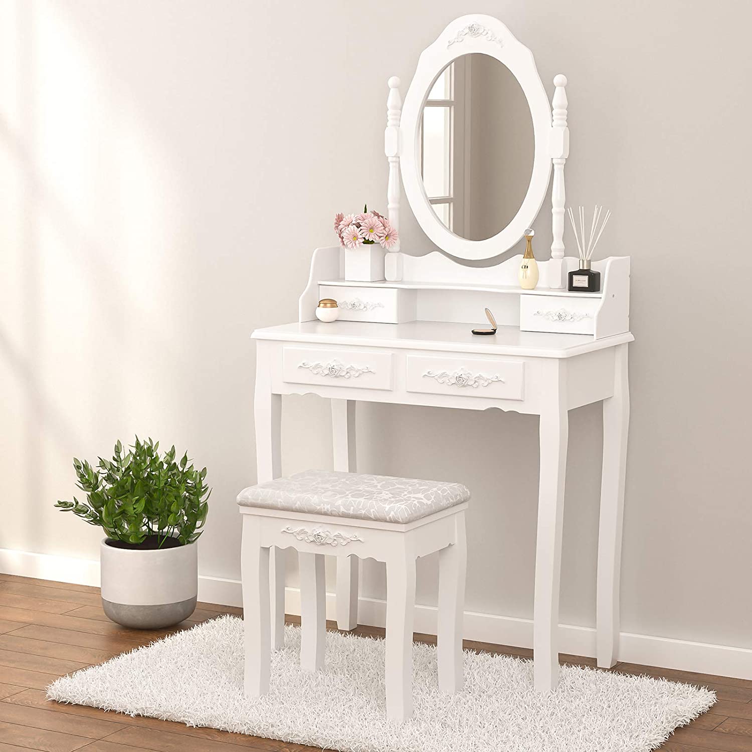 Dressing Table: Oval Mirror & Stool Black, Brown, White Dressing Table