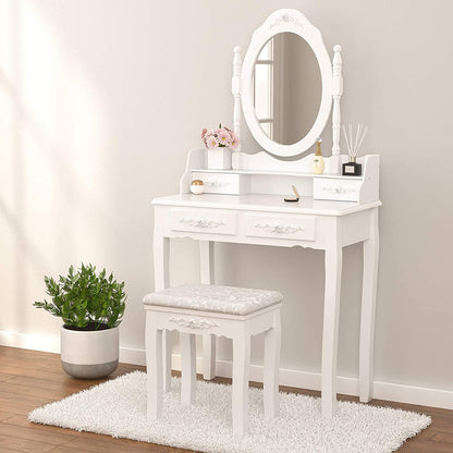 Dressing Table: Oval Mirror & Stool Black, Brown, White Dressing Table