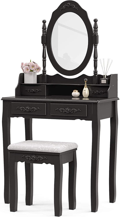 Dressing Table: Oval Mirror & Stool Black, Brown, White Dressing Table