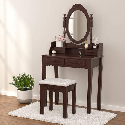 Dressing Table: Oval Mirror & Stool Black, Brown, White Dressing Table