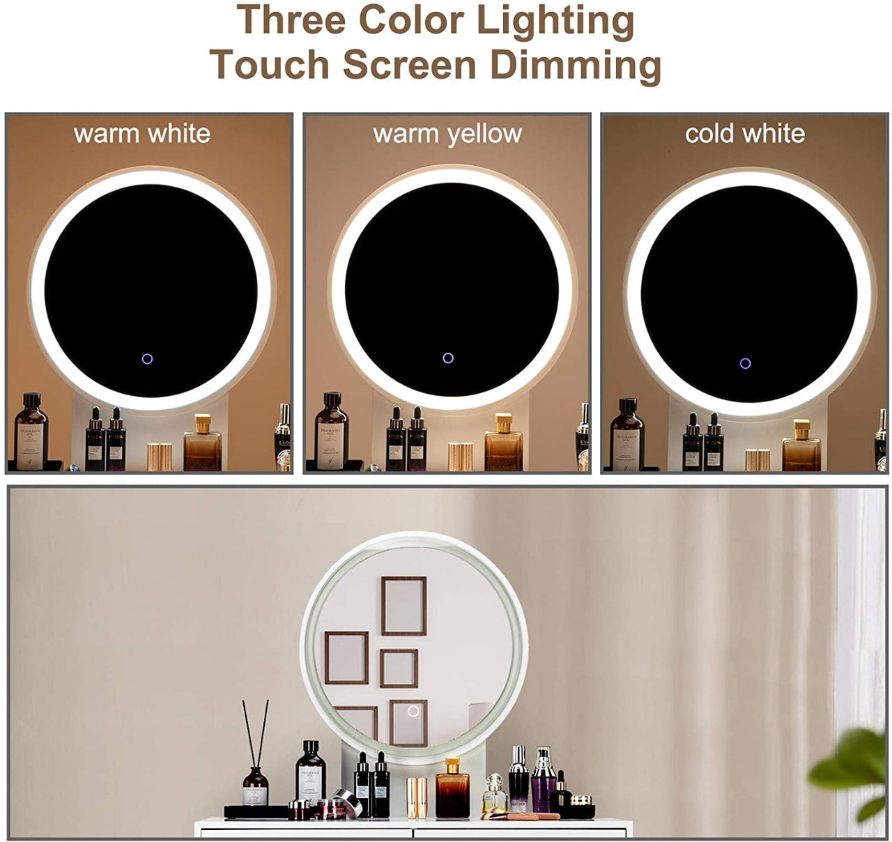 Dressing Table : Round Mirror Dressing Table with Sliding Drawers & Cushioned Stool