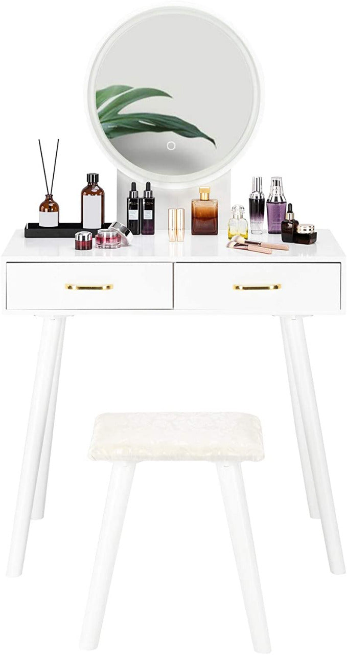 Dressing Table : Round Mirror Dressing Table with Sliding Drawers & Cushioned Stool