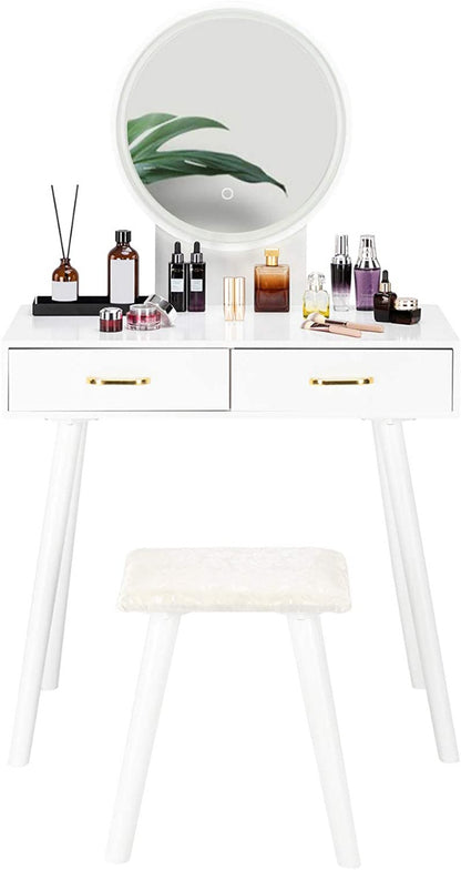 Dressing Table : Round Mirror Dressing Table with Sliding Drawers & Cushioned Stool
