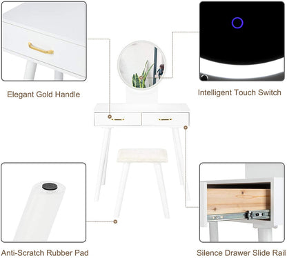 Dressing Table : Round Mirror Dressing Table with Sliding Drawers & Cushioned Stool