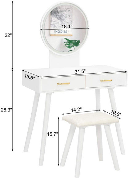 Dressing Table : Round Mirror Dressing Table with Sliding Drawers & Cushioned Stool