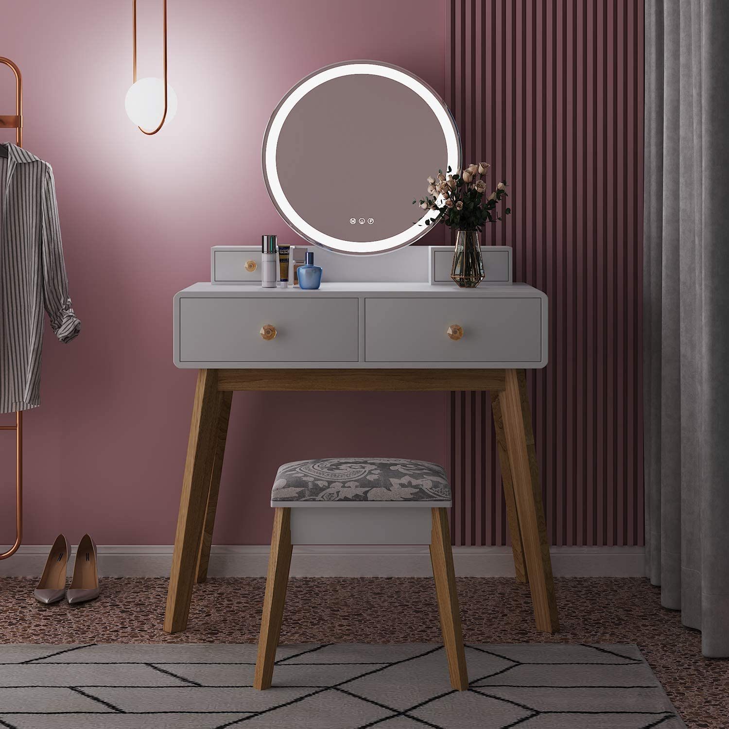 Dressing Table: Round Mirror White Dressing Table
