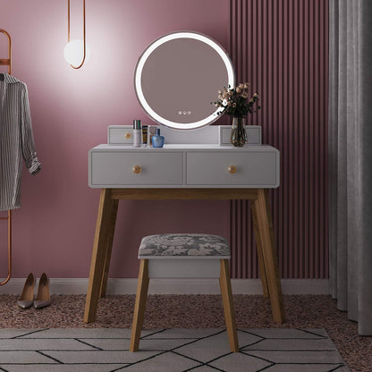 Dressing Table: Round Mirror White Dressing Table