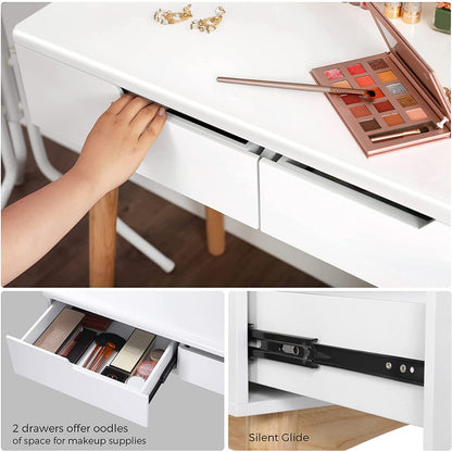 Dressing Table Rounded Mirror with 2 Drawers & Vanity Set with Upholstered Stool