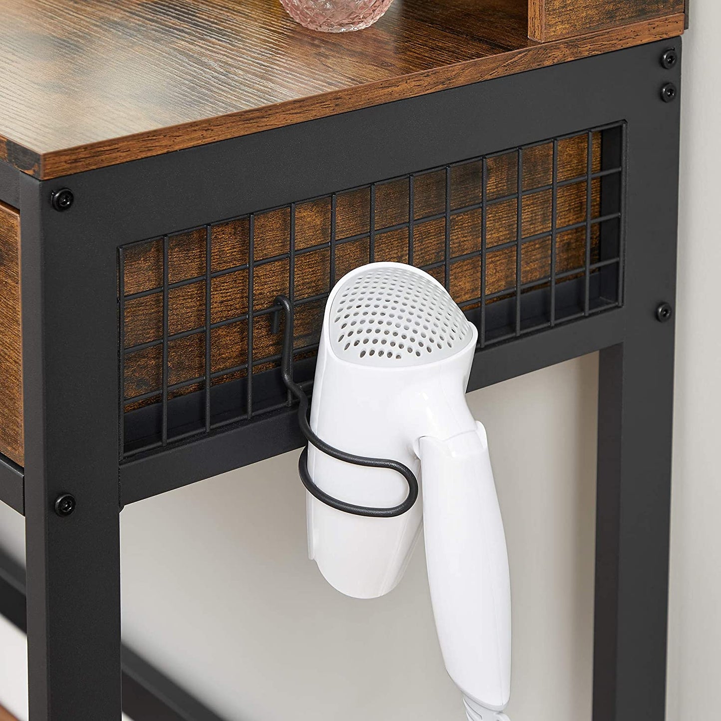 Dressing Table: Rustic Brown and Black Vanity Table with Upholstered Stool Set